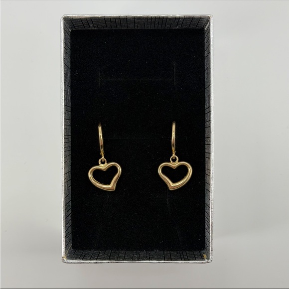 14K Yellow Gold Heart Dangle Huggie Hoop Earrings real Gold Drop 1g New - Picture 3 of 5